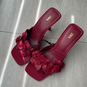 Zara red leather floral heels